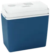 Blå og hvid elektrisk køleboks med sikker låg, ventilationshuller og robust design. Perfekt til at holde mad og drikke kolde på rejser, picnic eller udendørs aktiviteter.