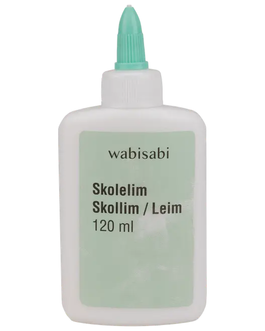 Hvid plastikflaske med skolelim, 120 ml, grøn skruelåg for præcis dosering. Mærkat med teksten 'wabisabi Skolelim Skollim/Leim'. Velegnet til hobby og skoleprojekter.