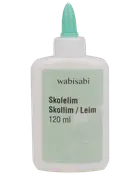 Hvid plastikflaske med skolelim, 120 ml, grøn skruelåg for præcis dosering. Mærkat med teksten 'wabisabi Skolelim Skollim/Leim'. Velegnet til hobby og skoleprojekter.