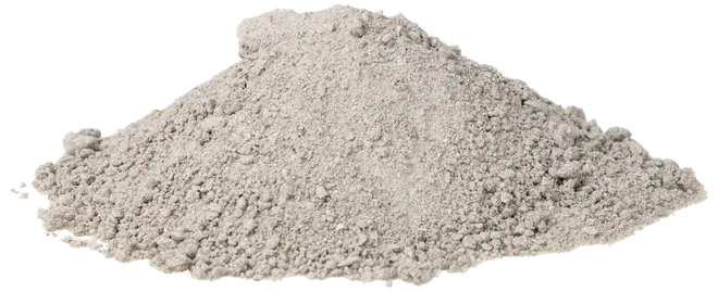 En bun af fint, lysegråt pulver med let grov tekstur, velegnet som byggemateriale, for eksempel cement eller mørtelblanding.