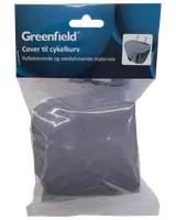 Reflekterende, vandafvisende cykelkurvcover i grå, pakket i klar plastpose med blåt mærkat. Beskytter indholdet i cykelkurven mod regn og snavs.