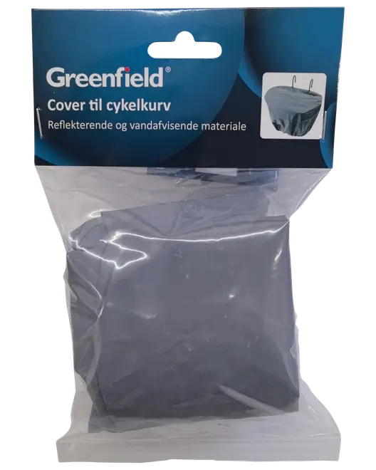Reflekterende, vandafvisende cykelkurvcover i grå, pakket i klar plastpose med blåt mærkat. Beskytter indholdet i cykelkurven mod regn og snavs.