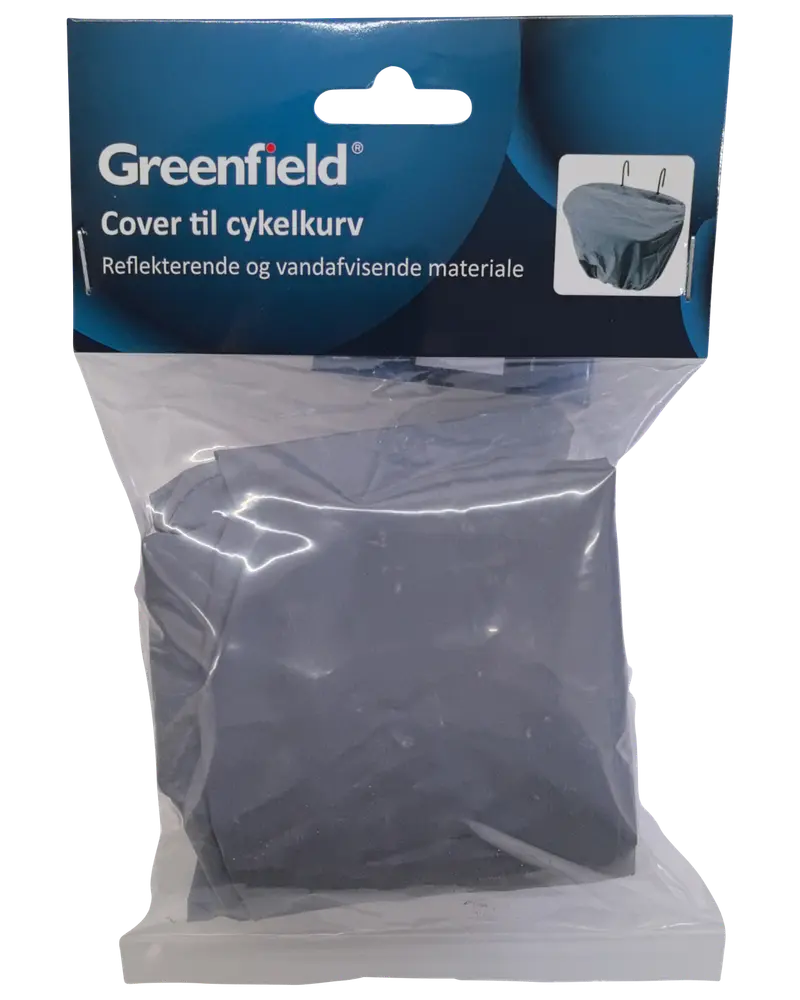 Reflekterende, vandafvisende cykelkurvcover i grå, pakket i klar plastpose med blåt mærkat. Beskytter indholdet i cykelkurven mod regn og snavs.