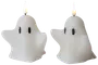 Två vita ljus formade som tecknade spöken med svarta ovala ögon. Varje ljus har en veke upptill, perfekt för Halloween eller dekoration.