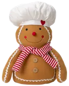 Mjuk pepparkaksdocka med vit kockmössa, rödvit randig halsduk, knappdetaljer och dekorativ vit kant. Leende ansikte med röda kinder och näsa, samt hjärtdekor.