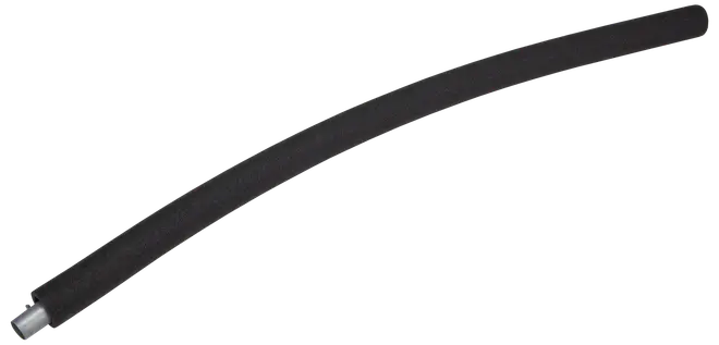 Fleksibel sort gummislange med glat overflade og synlig indvendig foring, velegnet til væske- eller lufttransport. Cylindrisk form, standardlængde.