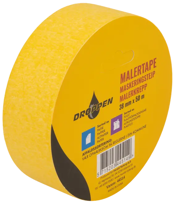 Gul malertape, 38 mm bred og 50 meter lang, velegnet til maler- og afdækningsopgaver. Leveres med produktinformation og sorteringsvejledning på etiketten.