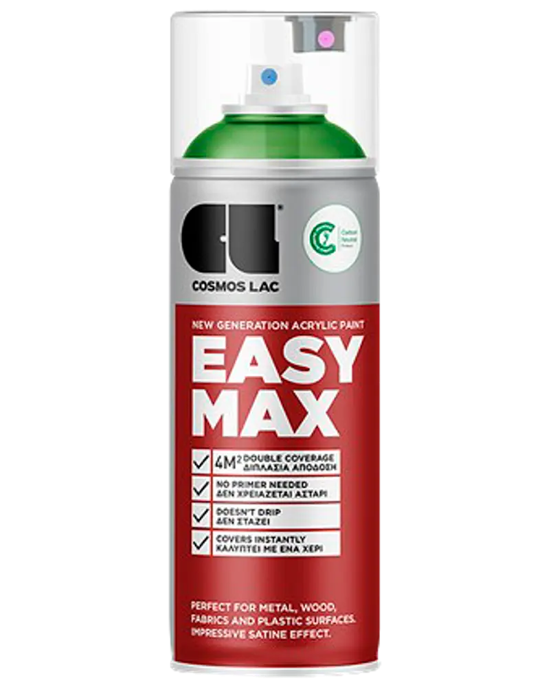 Rød og sølv spraymaling fra Cosmos Lac, mærket 'EASY MAX', egnet til metal, træ, stof og plast, giver dobbelt dækkeevne og satinfinish.