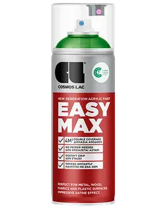 Rød og sølv spraymaling fra Cosmos Lac, mærket 'EASY MAX', egnet til metal, træ, stof og plast, giver dobbelt dækkeevne og satinfinish.