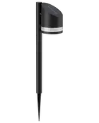 Svart solcellsdriven trädgårdslampa med vinklat huvud, cylindrisk kropp, klar ljusring och spetsigt markspett.