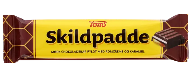 Toms Skildpadde mørk chokoladebar i gul og brun indpakning, fyldt med romcreme og karamel.