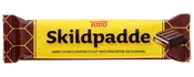 Toms Skildpadde mørk chokoladebar i gul og brun indpakning, fyldt med romcreme og karamel.