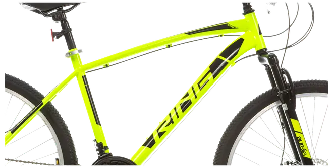 Lys gul mountainbike med sorte detaljer, affjedret forgaffel, lige overrør og store dæk med mønster. Komfortabelt sadel og tydeligt mærkelogo på stellet.