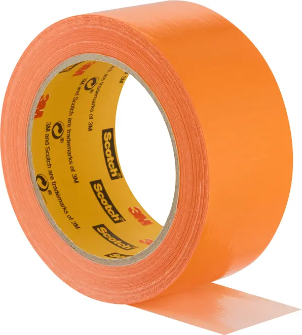 Rulle med orange Scotch gaffatape, blank overflade, standard bredde, stærk klæbeevne, velegnet til reparationer og forsegling. Inderkerne har 3M og Scotch logoer.