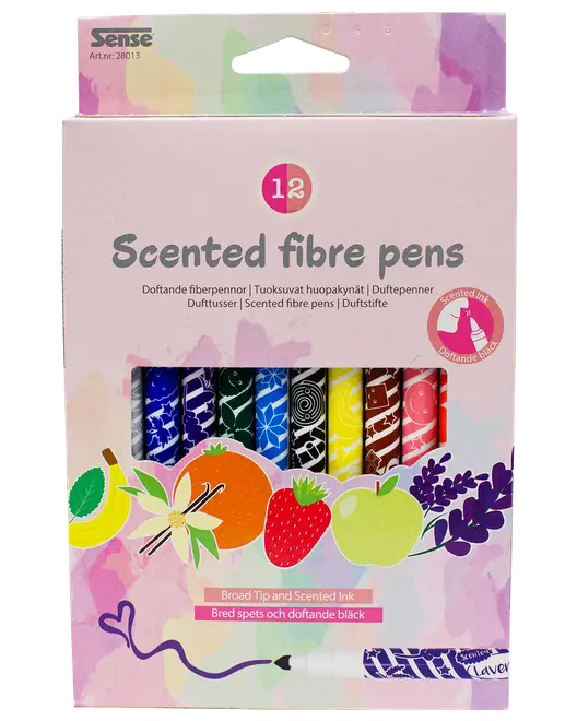 Förpackning med 12 doftande fiberpennor med bred spets, blandade färger och fruktmotiv. Passar barn, doftande bläck, levereras i färgglad förpackning.