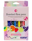 Æske med 12 duftende fiberpenne med brede spidser, assorterede farver og frugt-tema design. Velegnet til børn, duftende blæk, leveres i farverig emballage.