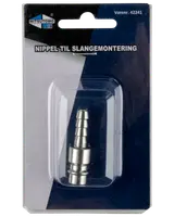 Metalnippel til slangemontering, egnet til luftsystemer. Leveres i blisterpakning. Passer til Mitsutomo Air produkter. Holdbar, korrosionsbestandig, nem at montere.