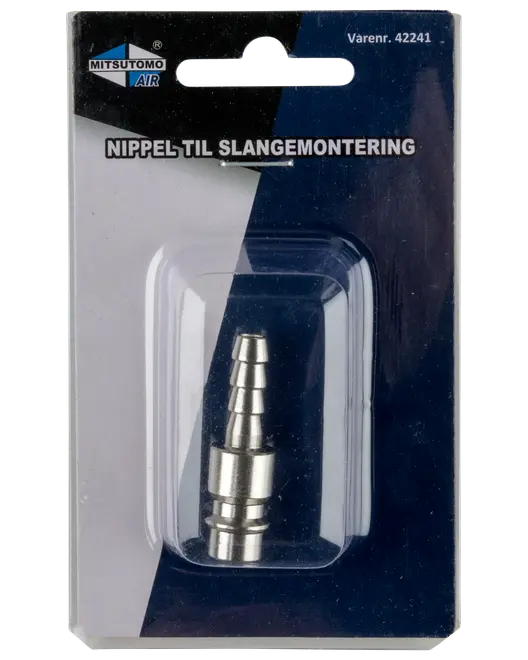 Metalnippel til slangemontering, egnet til luftsystemer. Leveres i blisterpakning. Passer til Mitsutomo Air produkter. Holdbar, korrosionsbestandig, nem at montere.