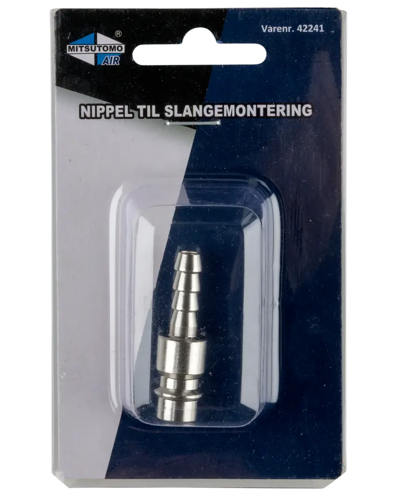Metalnippel til slangemontering, egnet til luftsystemer. Leveres i blisterpakning. Passer til Mitsutomo Air produkter. Holdbar, korrosionsbestandig, nem at montere.
