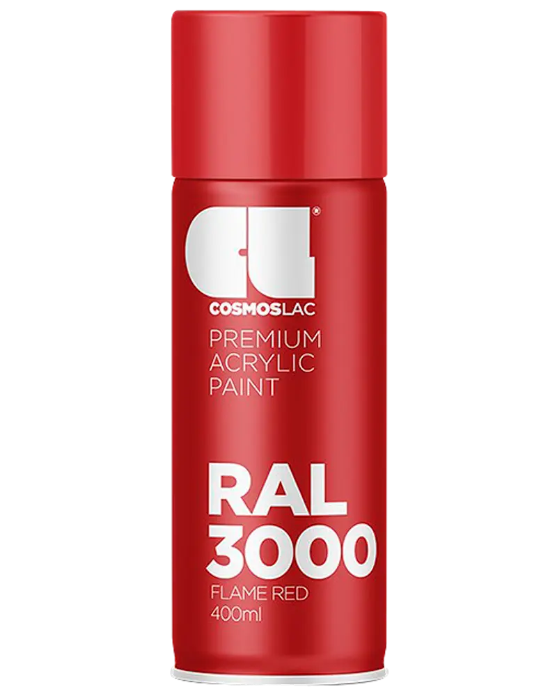 400 ml spraydåse med Cosmoslac premium akrylmaling i RAL 3000 Flame Red. Rød hætte og krop med hvid tekst, velegnet til forskellige maleprojekter.