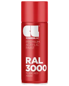 400 ml spraydåse med Cosmoslac premium akrylmaling i RAL 3000 Flame Red. Rød hætte og krop med hvid tekst, velegnet til forskellige maleprojekter.