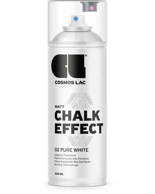 Cosmos Lac Matt Chalk Effect spraymaling, 02 Pure White, 400 ml. Hurtigtørrende akrylformel, ideel til møbler, ekstra dyse til store flader, drypfri teknologi.