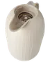 Beige termoskanna med vertikala ränder, bred pip och ergonomiskt handtag. Glasinsats för isolering. Modern, rundad design för varma eller kalla drycker.