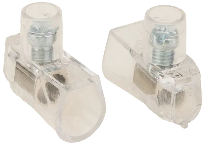 Sæt af gennemsigtige plastikledningsforbindere med metalskrueterminaler, designet til sikker samling af elektriske ledninger. Kompakte og holdbare til elektriske installationer.