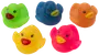 Set med fem färgglada badankor i grön, blå, orange, gul och rosa.