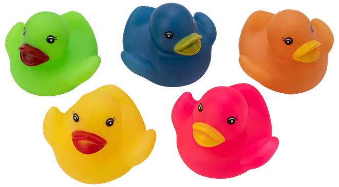Set med fem färgglada badankor i grön, blå, orange, gul och rosa.