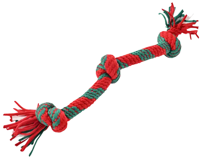 Rød og grøn flettet hundereb med knuder i enderne og frynser, designet til trækleg og tygning.