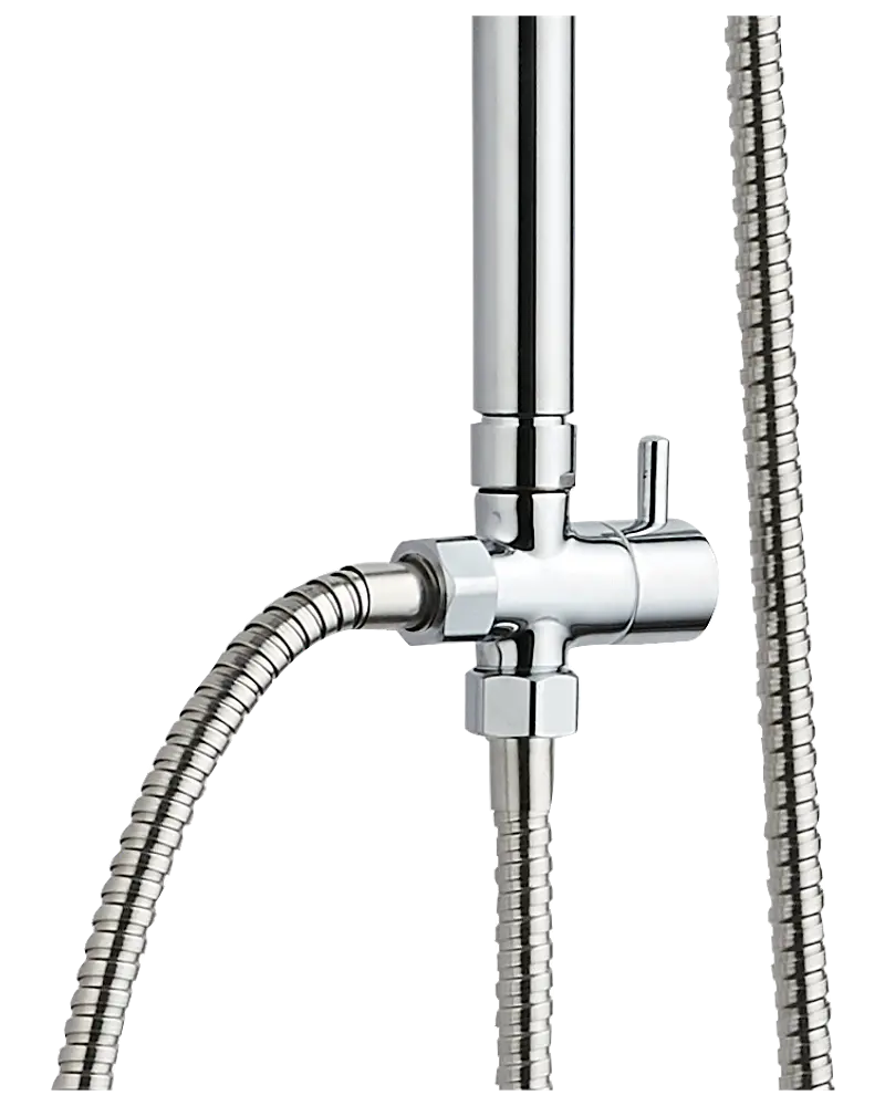 Handhållen bidéspruta i krom med flexibel slang i rostfritt stål och spakventil för vattenflödeskontroll. Modern, stilren design för badrum.