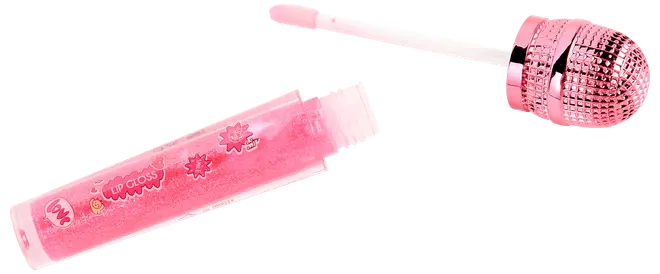 Lyserød lipgloss i tube med glitrende låg formet som en mikrofon. Tuben har blomsterdekorationer og teksten "lip gloss", velegnet til børn eller som sjov makeup.