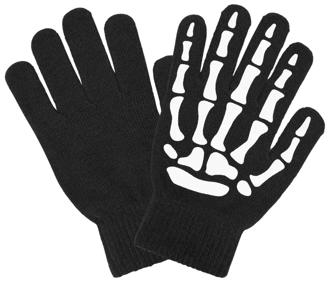 Svart stickat handskpar, ena handsken har vitt skelettmotiv på handflatan. Passar till maskerader eller temafester. Stretchigt material för bekväm passform.