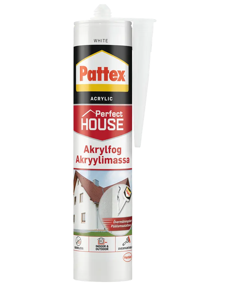 Pattex Perfect House akrylfugemasse, hvid, i tube med dyse. Velegnet til indendørs og udendørs brug, lugtfri, overmalbar, ideel til tætning af revner og sprækker.