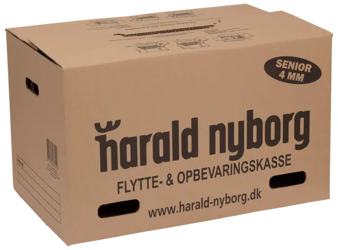 Solid flytte- og opbevaringskasse af pap med håndtag, mærket 'Harald Nyborg'. 4 mm tykkelse, trykte instruktioner og skrivefelt. Perfekt til opbevaring og flytning.