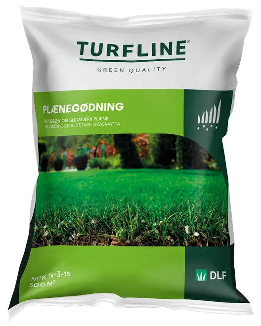 Pose med Turfline plænegødning, egnet til 500 m², NPK 14-3-15. Fremmer tæt, grøn og slidstærk græsplæne. Grøn og hvid emballage med billede af græs.