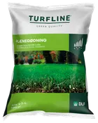 Turfline gräsmattegödsel, räcker till 500 m², NPK 14-3-15. Främjar tät, grön och slitstark gräsmatta. Grön och vit förpackning med gräsbild.