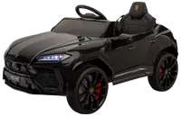 Svart Lamborghini Urus elbil för barn med realistiska strålkastare, detaljerade hjul med röda bromsok, sportstol med logotyp och ratt för interaktiv körupplevelse.