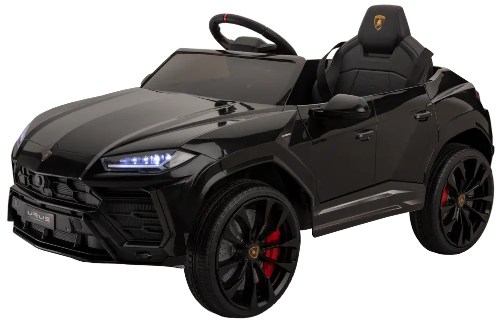 Svart Lamborghini Urus elbil för barn med realistiska strålkastare, detaljerade hjul med röda bromsok, sportstol med logotyp och ratt för interaktiv körupplevelse.