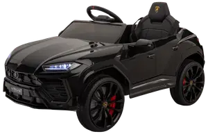 Svart Lamborghini Urus elbil för barn med realistiska strålkastare, detaljerade hjul med röda bromsok, sportstol med logotyp och ratt för interaktiv körupplevelse.