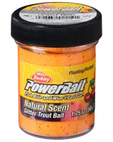 Burk med Berkley PowerBait Natural Scent Glitter Trout Bait, 1,75 oz, orange, flytande, lockar fisk med doft och glitter, effektivt för fiske.