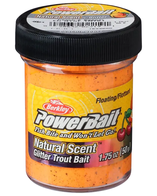 Bøtte med Berkley PowerBait Natural Scent Glitter Trout Bait, 1,75 oz, orange, flydende formel, tiltrækker fisk med duft og glimmer, effektiv til fiskeri.