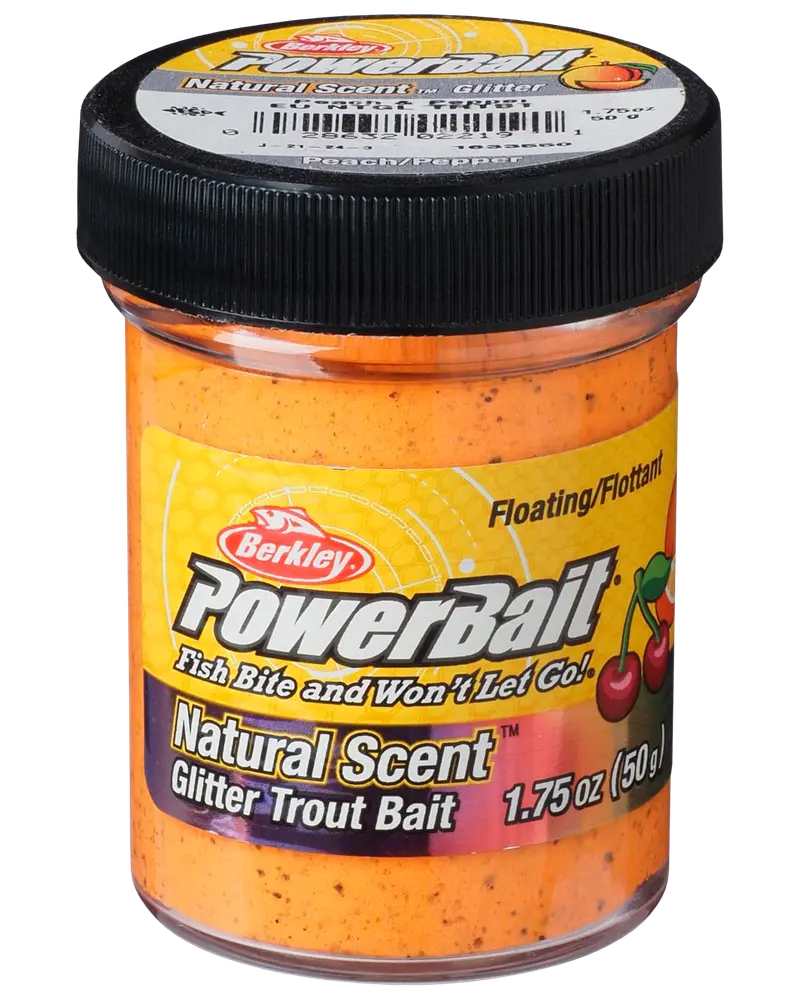 Burk med Berkley PowerBait Natural Scent Glitter Trout Bait, 1,75 oz, orange, flytande, lockar fisk med doft och glitter, effektivt för fiske.