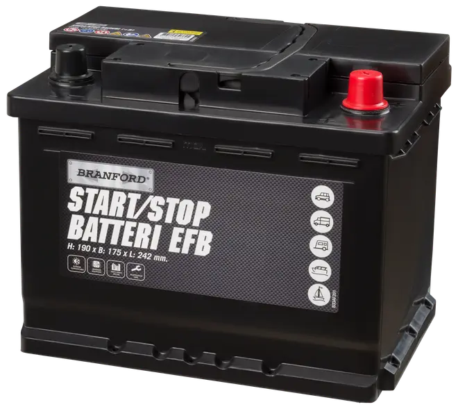 Branford Start/Stop EFB batteri, sort rektangulært design, mærket til bilbrug. Har topterminaler, måler 190x175x242 mm, egnet til biler, både og industrikøretøjer.