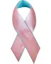 Lys rosa satin awareness-sløjfe med turkis syede kanter, formet i klassisk awareness-stil. Glat og skinnende overflade, ideel til at sætte på tøj til støtte eller kampagner.