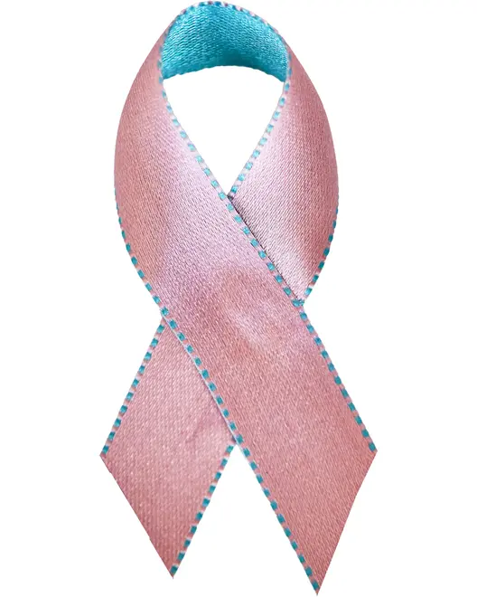 Lys rosa satin awareness-sløjfe med turkis syede kanter, formet i klassisk awareness-stil. Glat og skinnende overflade, ideel til at sætte på tøj til støtte eller kampagner.