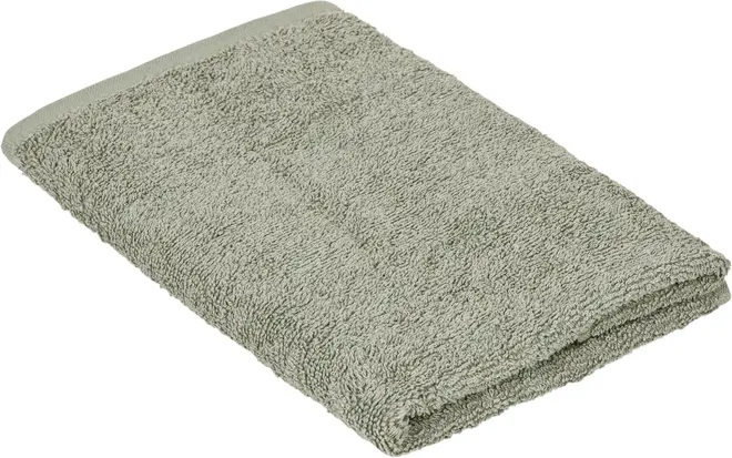 Lysegrønt badehåndklæde, rektangulært, lavet af blødt, absorberende bomuldsterry. Har en enkel kant og fyldig tekstur, velegnet til daglig brug i badeværelset.