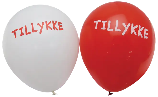 To balloner, en hvid og en rød, begge med teksten 'TILLYKKE' trykt i store bogstaver, perfekte til festlige lejligheder.