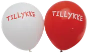 To balloner, en hvid og en rød, begge med teksten 'TILLYKKE' trykt i store bogstaver, perfekte til festlige lejligheder.